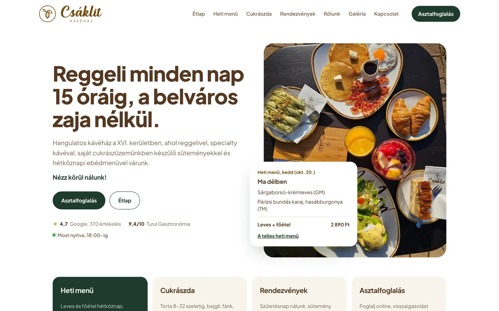 A Csáklit Kávéház weboldalának főoldala: reggeli minden nap 15 óráig, a mai heti menüvel