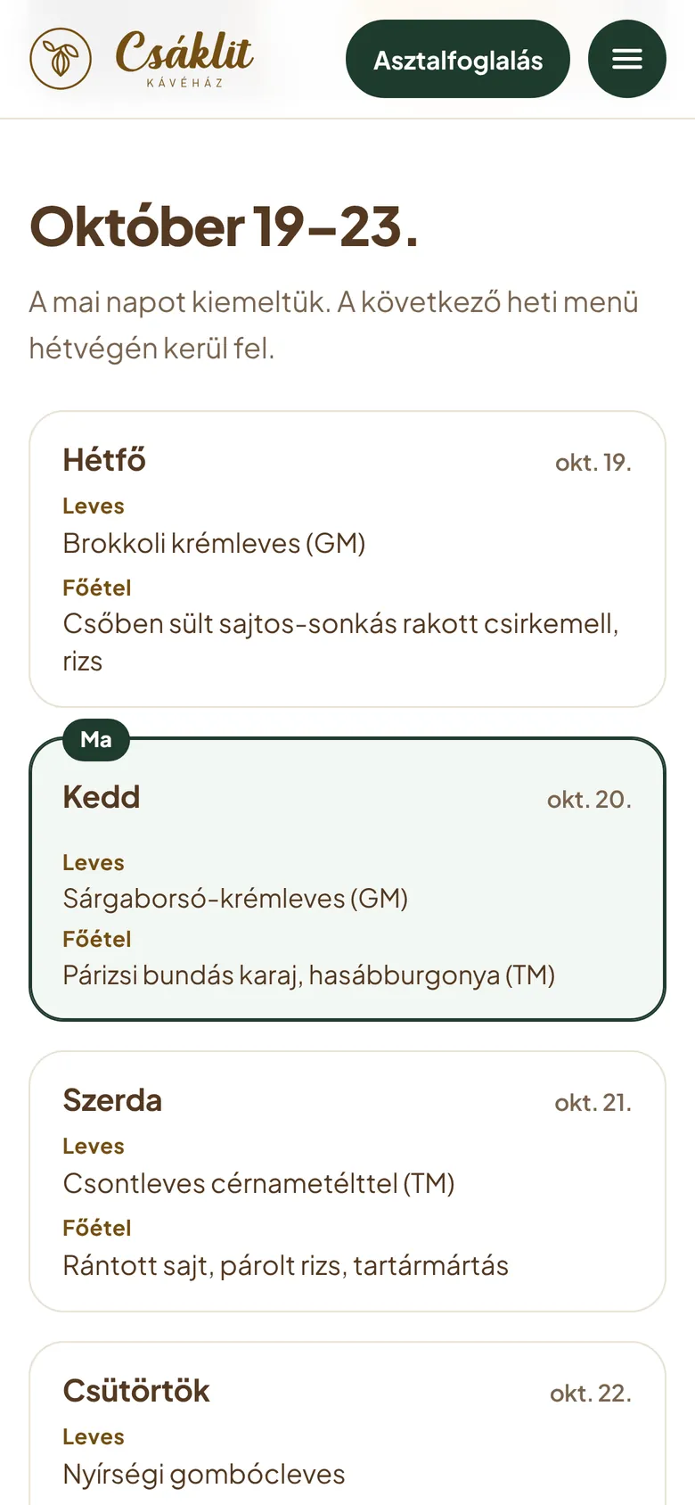 A heti menü telefonon, a mai nap kiemelve
